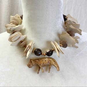 80s wood and Coconut Shell Statement Necklace